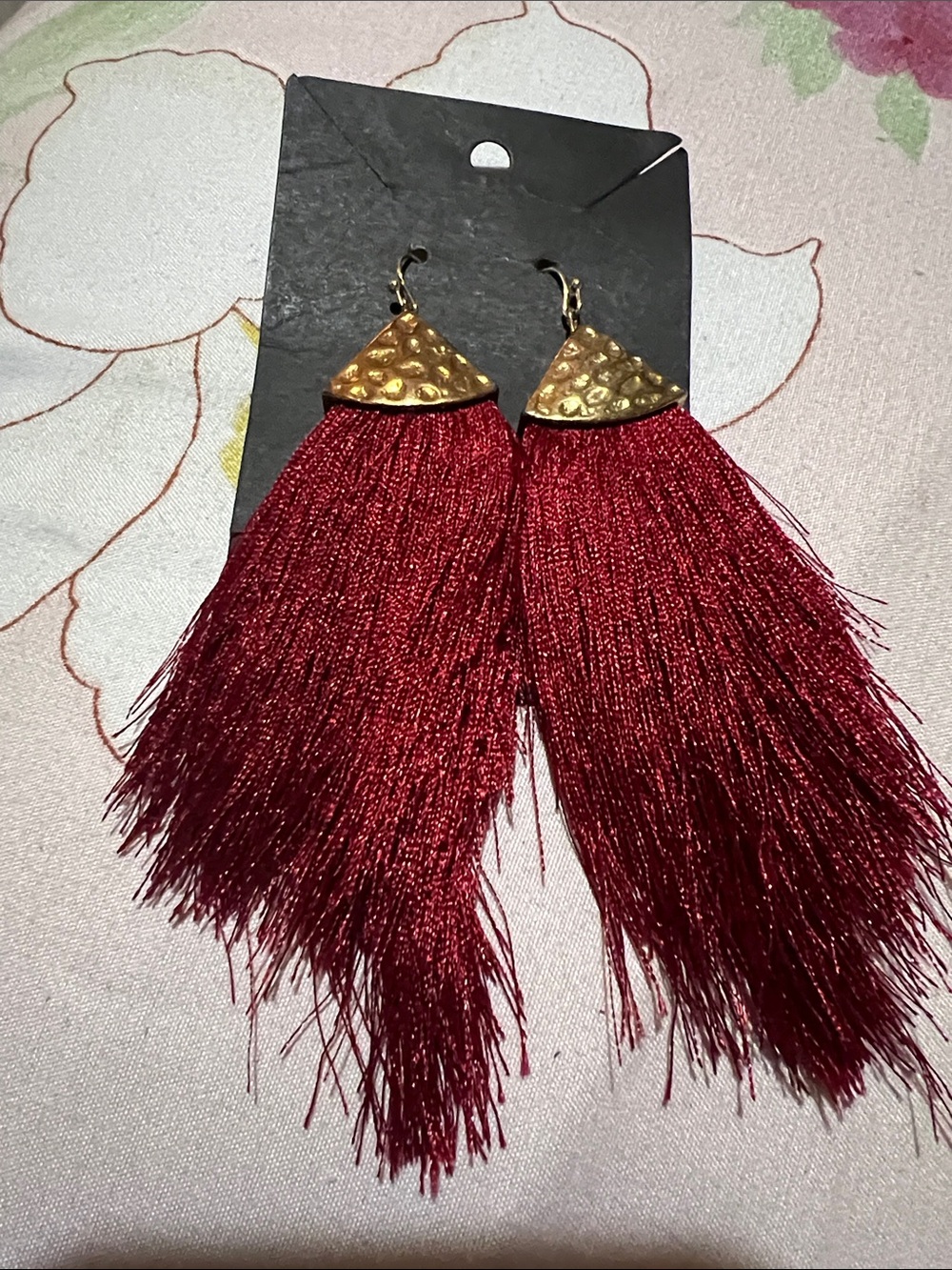 Source Unknown Burgundy Tassel Earrings with Hammered Gold Caps